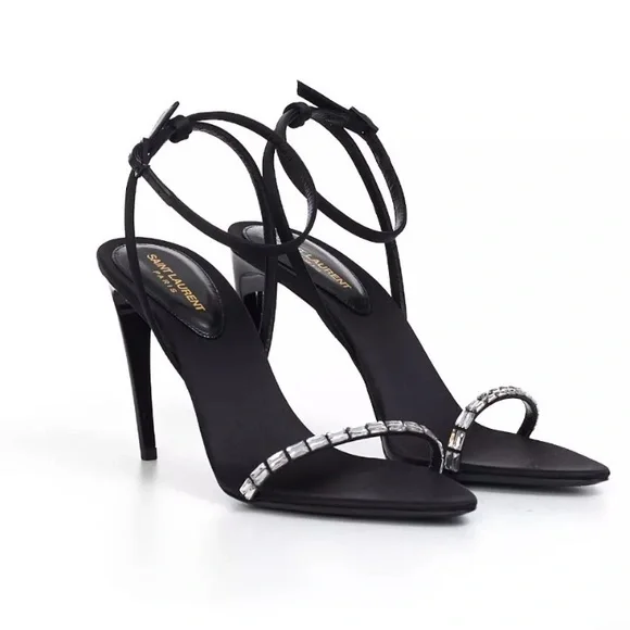 YSL SAINT LAURENT GLORIA SANDALS IN CREPE SATIN WITH RHINESTONES HEELS 90 - Picture 1 of 14